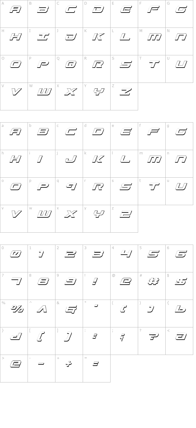 Gunship Shadow Italic character map