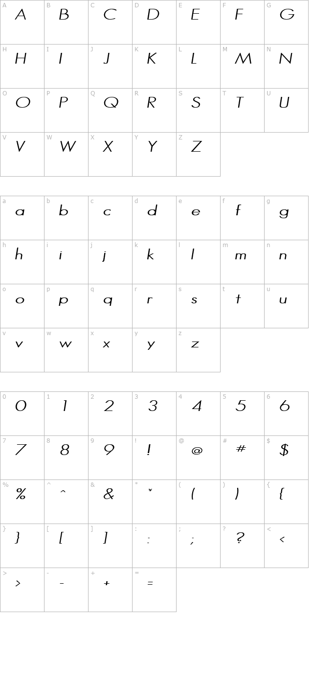 halibutcondensed-italic character map