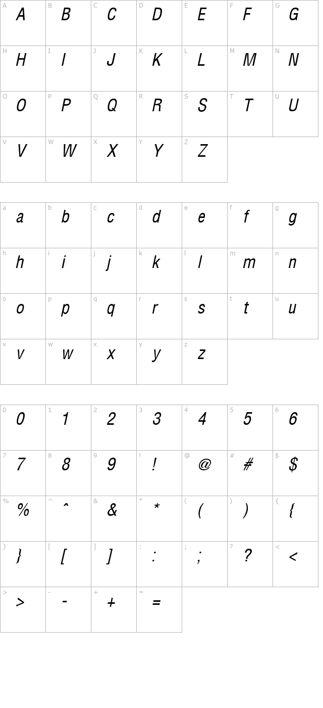 hallmarke-condensed-italic character map