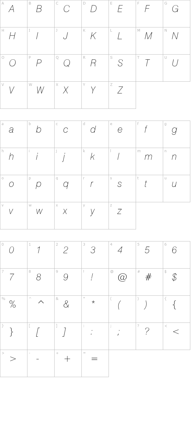 HalvettThin Italic character map