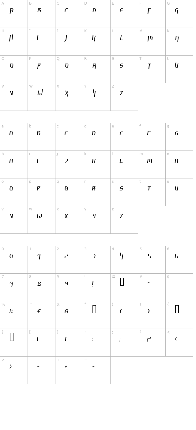 Hammerhead Thin Italic character map