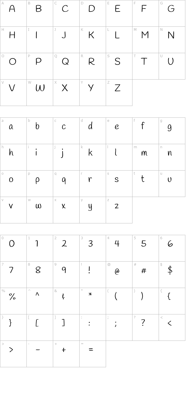 Handlee character map