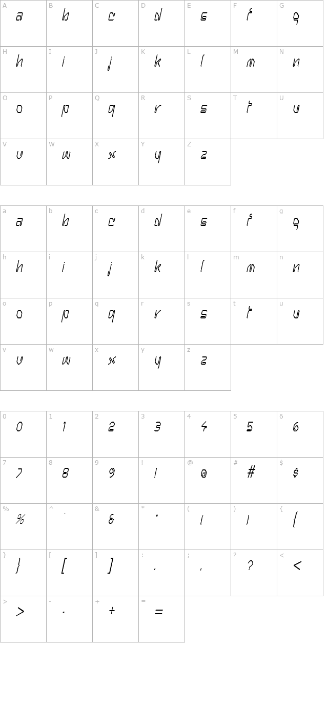 Hanger Condensed Italic character map