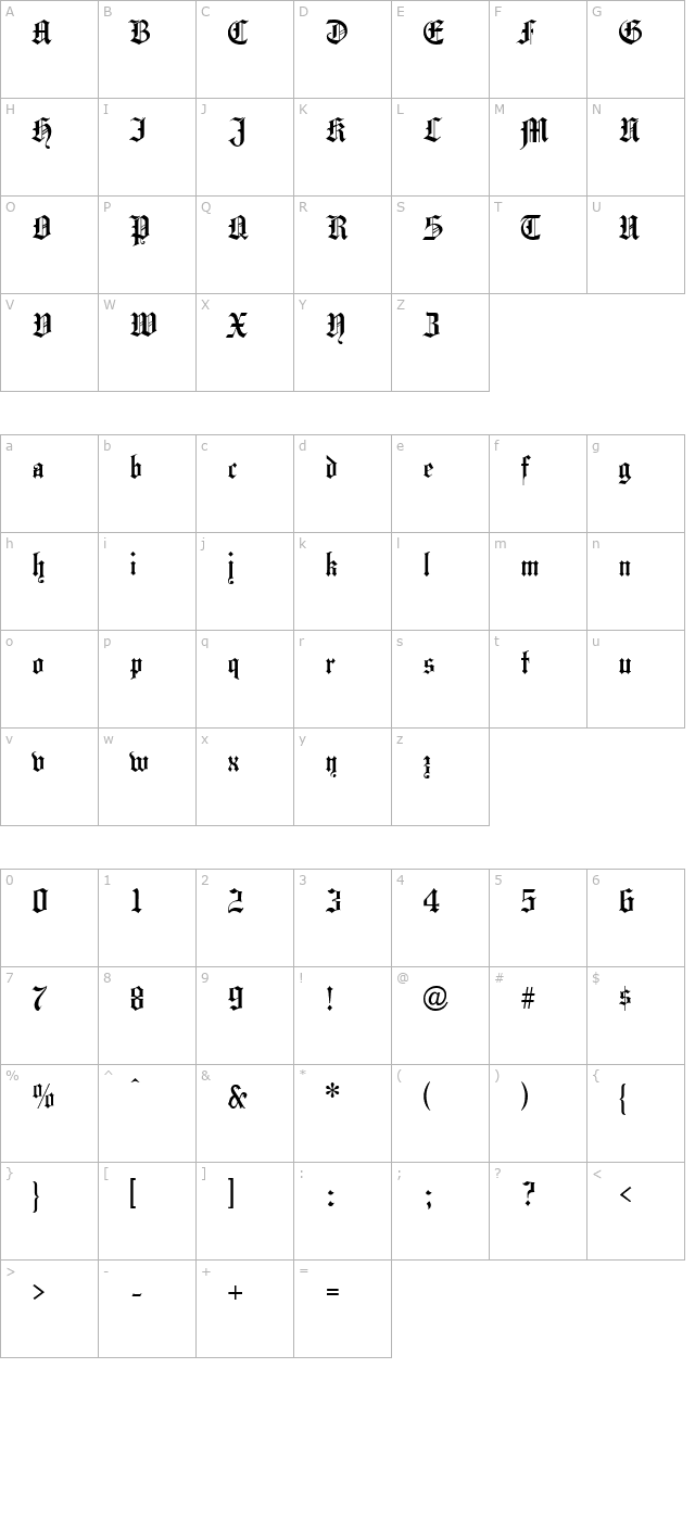 Hansa Gothic character map