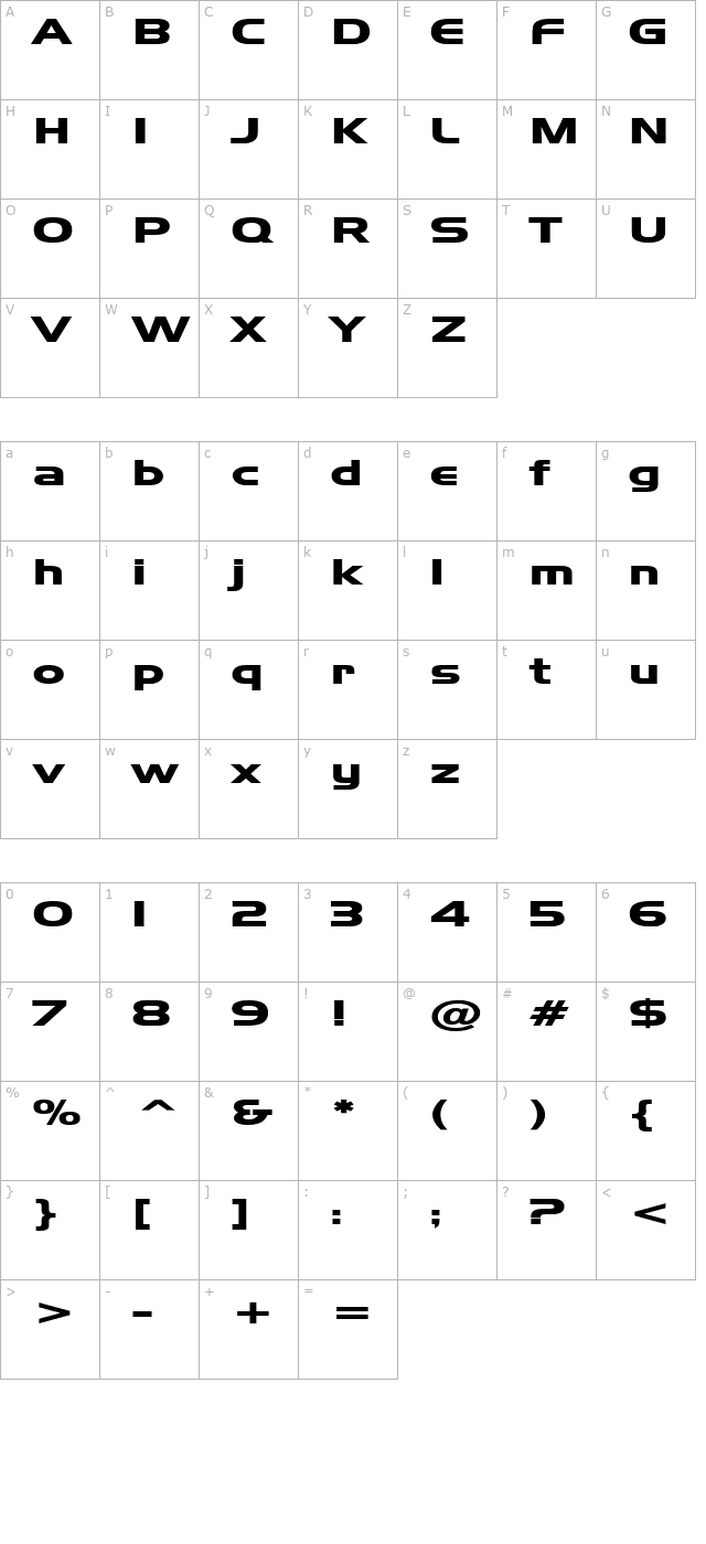 Hanzel Extended Bold character map