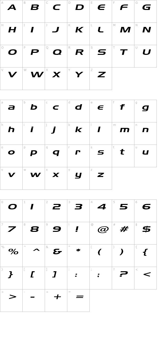 Hanzel Extended Italic character map