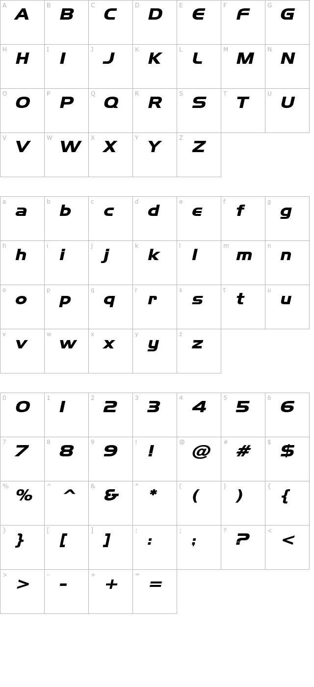 hanzel-wide-bold-italic character map