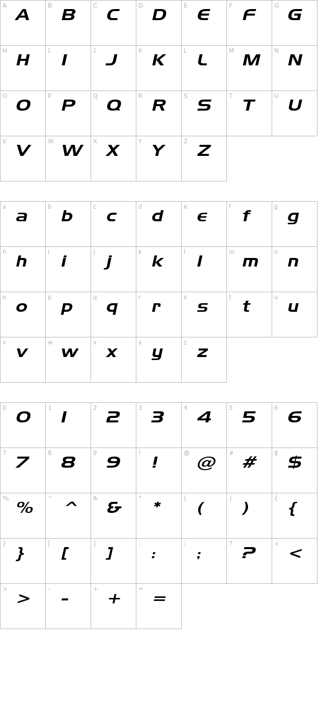 Hanzel Wide Italic character map