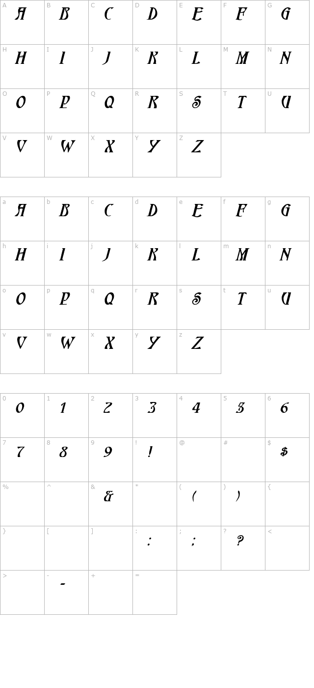 HardinCapsWide Bold Italic character map
