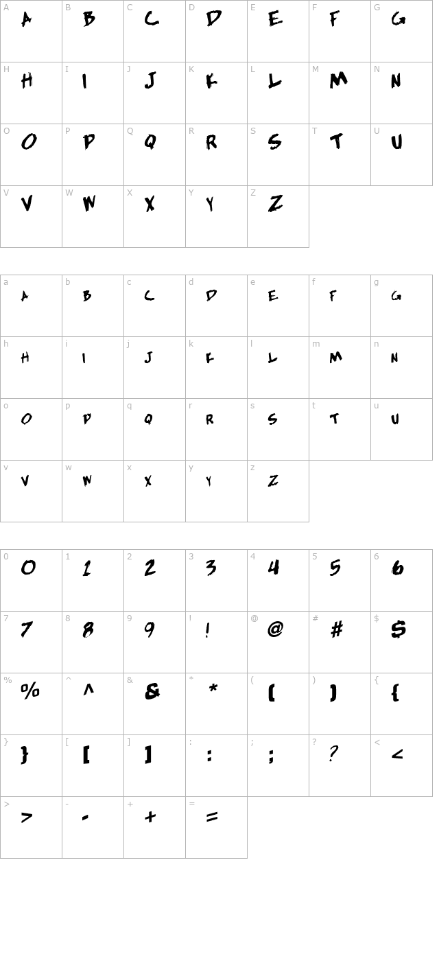 hardlyleft55-regular-ttcon character map