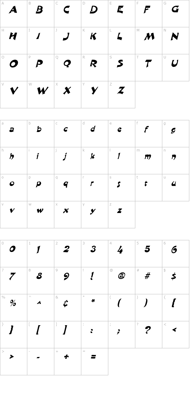 Harquil Italic character map