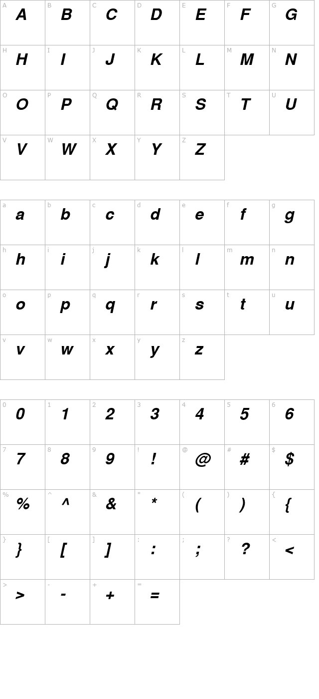 HeaveneticaSH Bold Oblique character map