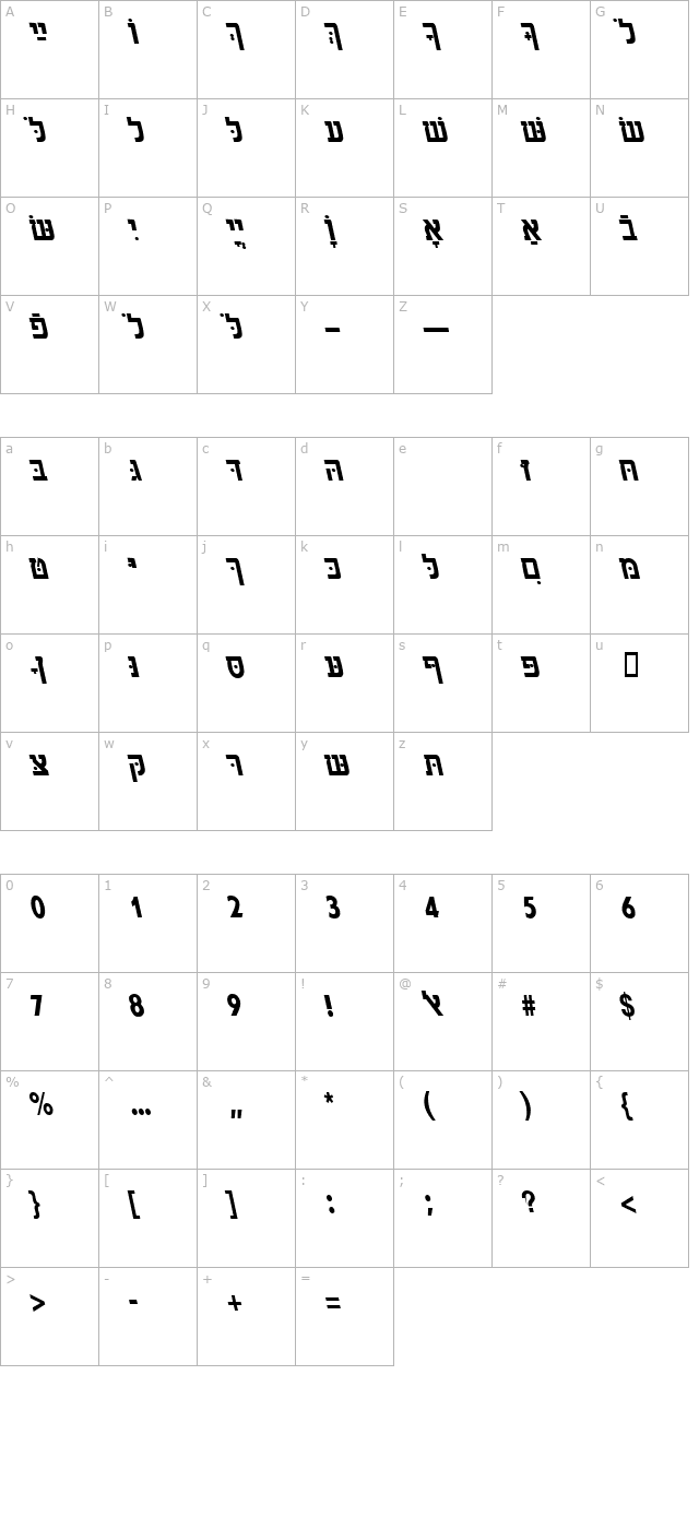 HebrewAaronSSK BoldItalic character map