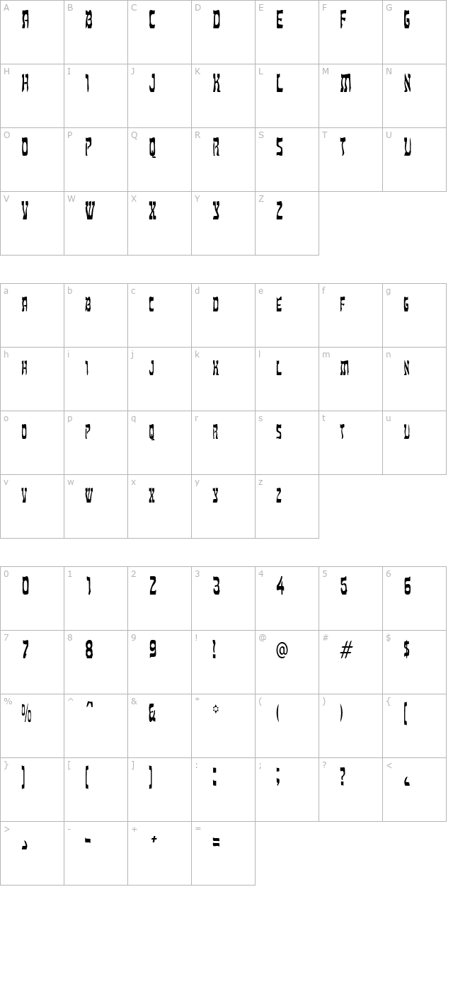 HebrewCondensed character map