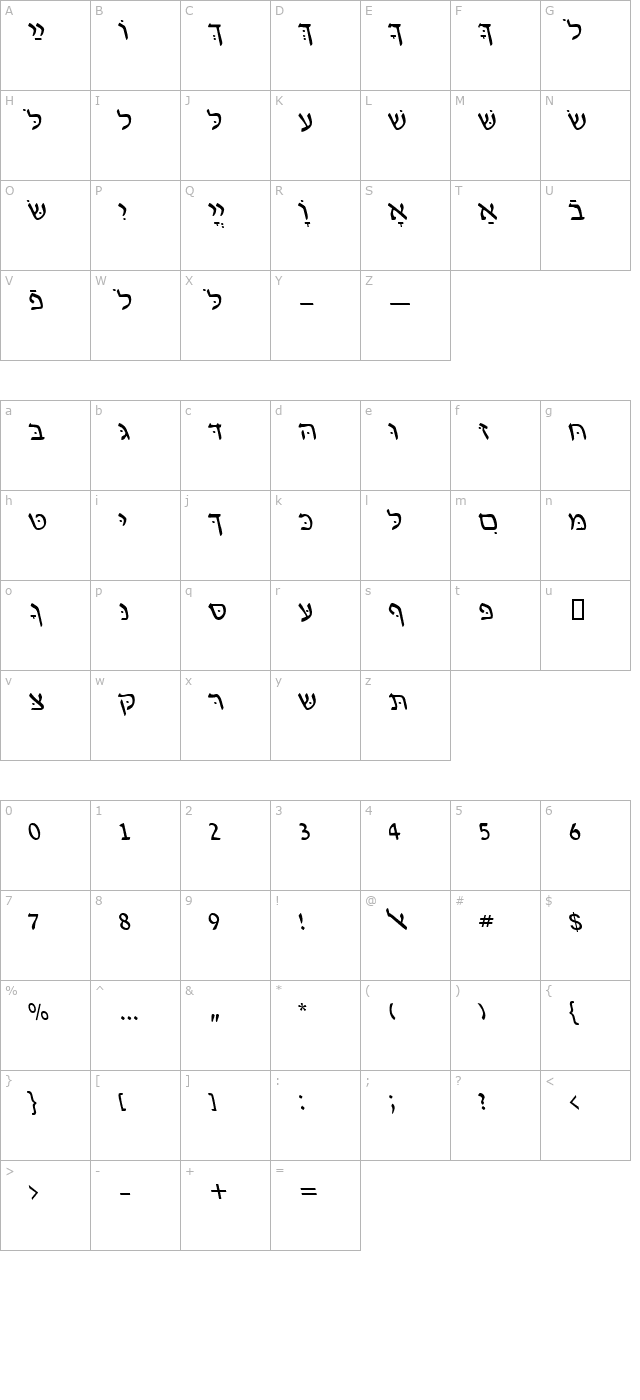HebrewDavidSSK Italic character map