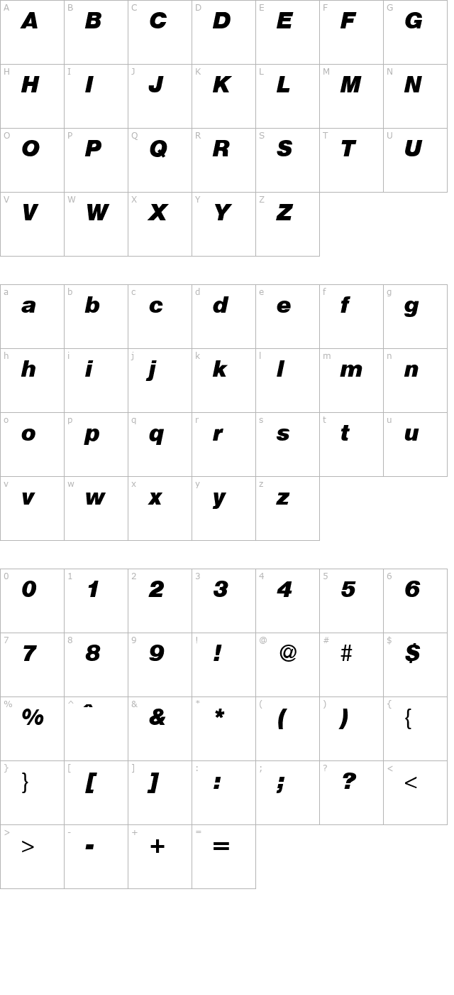 Hegel-BoldItalic character map