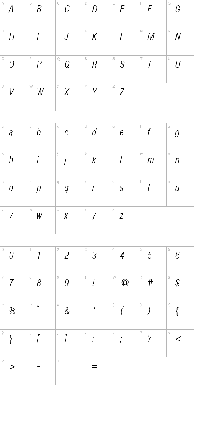 HegelCondExtraLight-RegularItalic character map