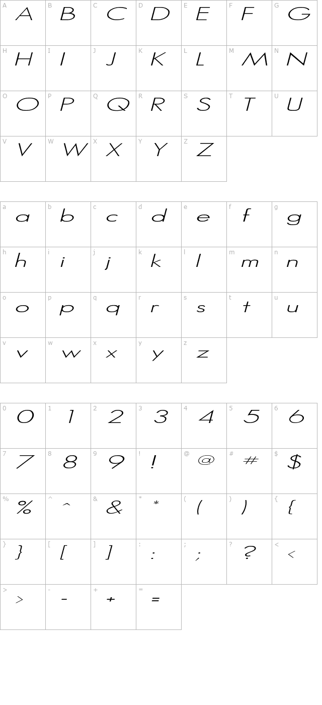 Hemet Italic character map