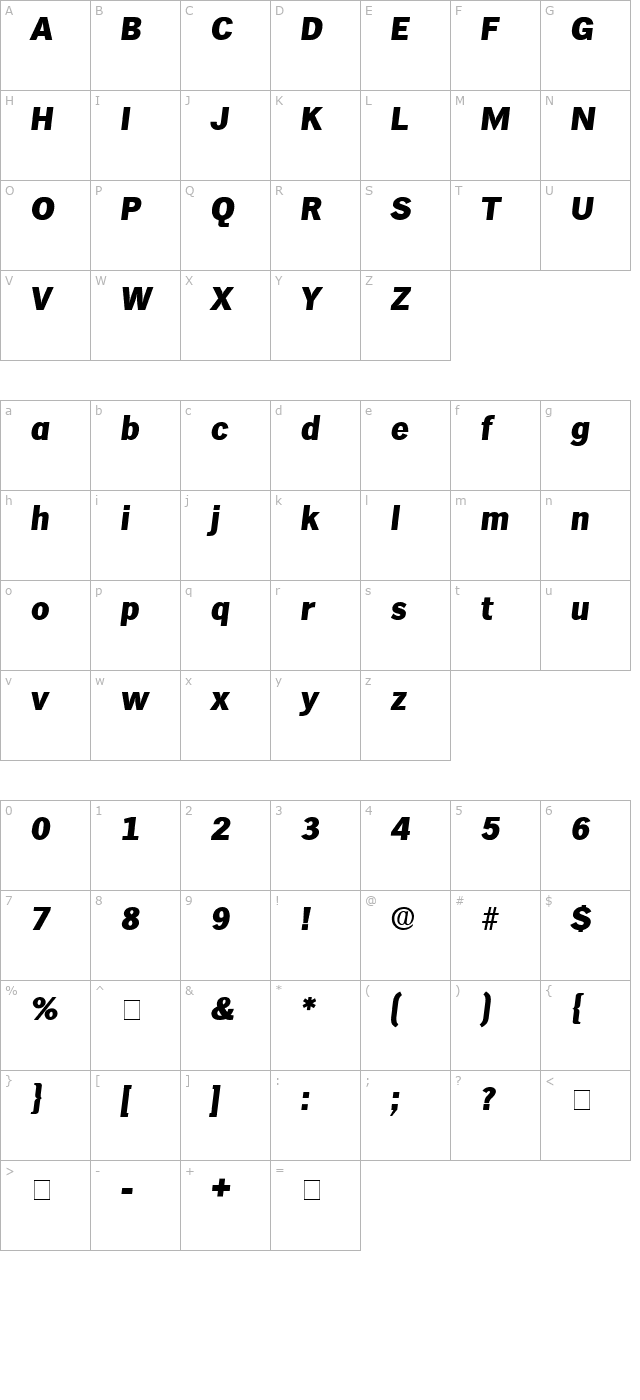 Hiero Display SSi Italic character map
