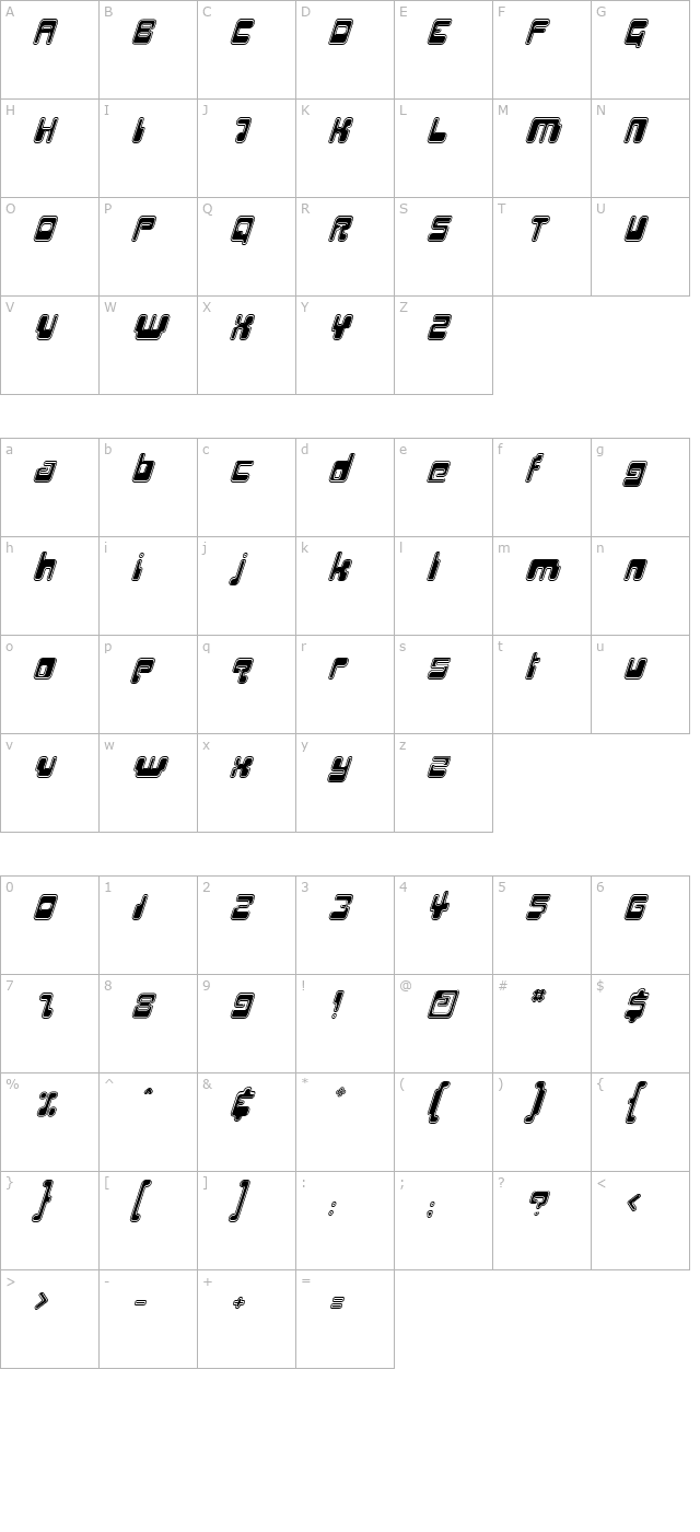 HiroOutline Italic character map
