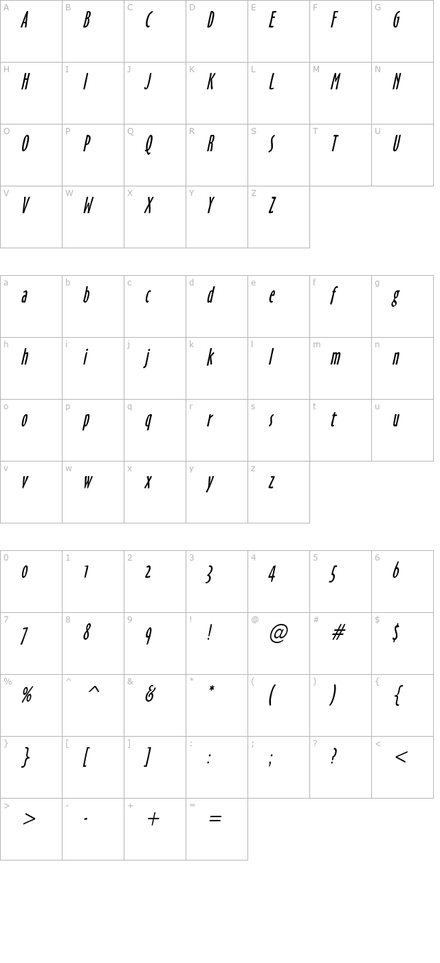 Hobby Condensed Italic character map