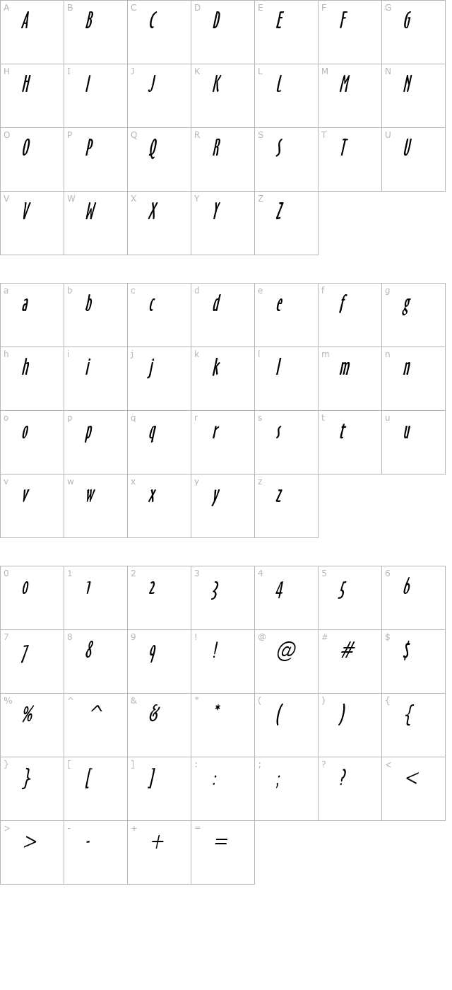 hobby-condensed-italic character map