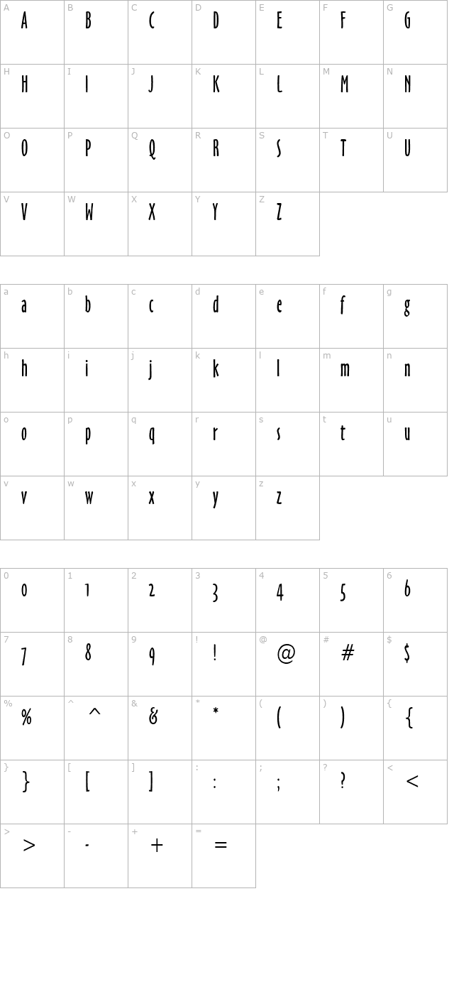 Hobby Condensed Normal character map