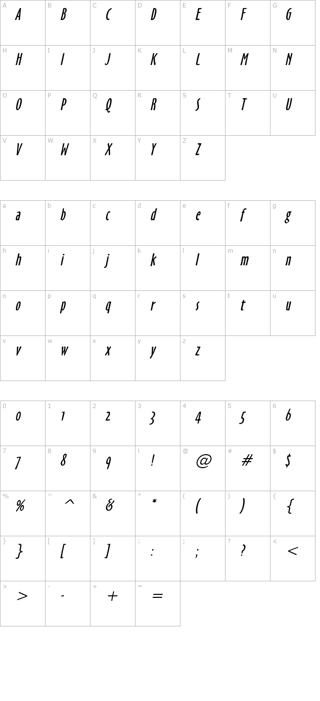 hobby-extended-italic character map