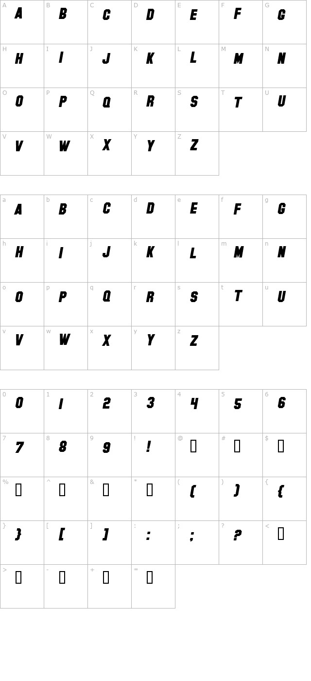 Hollywood Hills Bold Italic character map