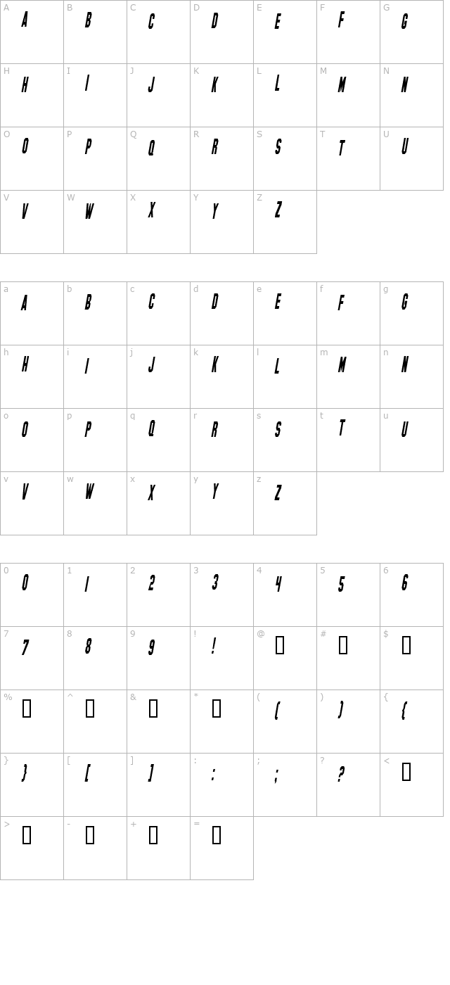 hollywood-hills-condensed-italic character map