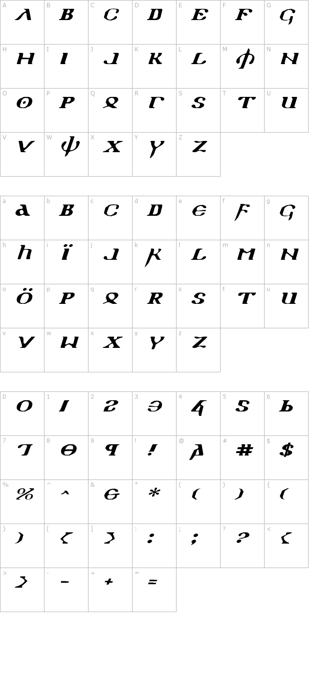 Holy Empire Expanded Italic character map