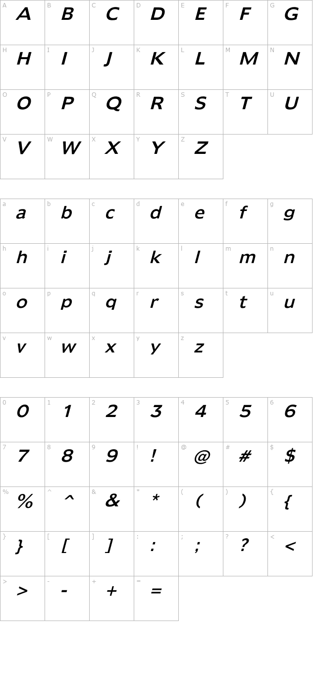 Humana Italic character map