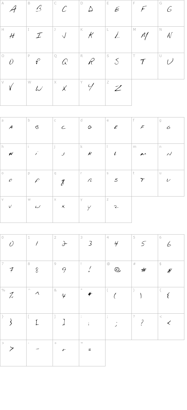 huntershand-regular character map