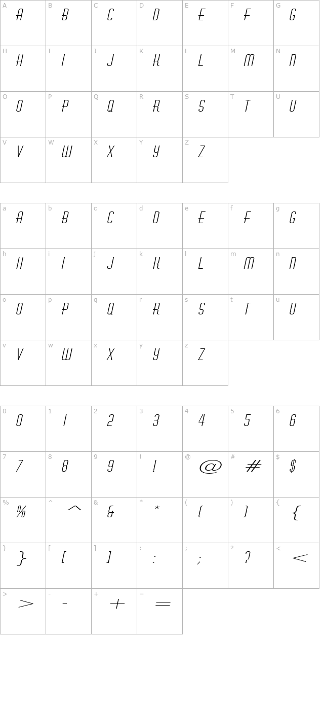 Hustle Extended Italic character map