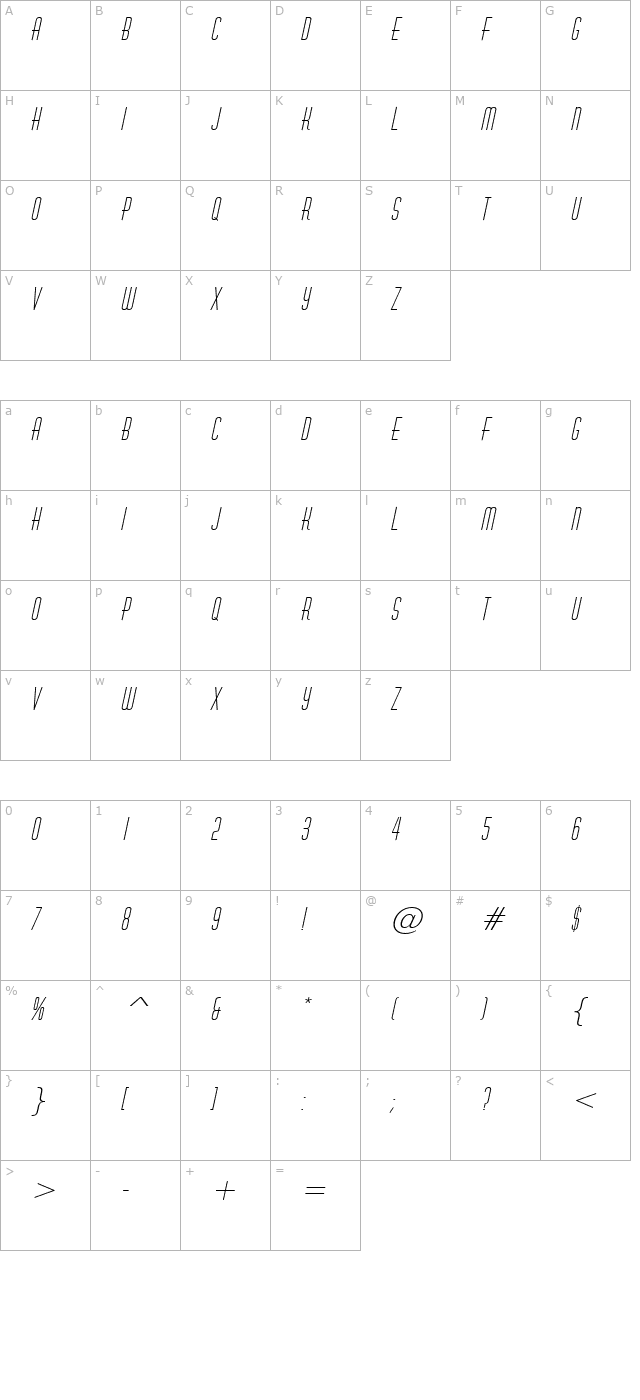 hustle-italic character map