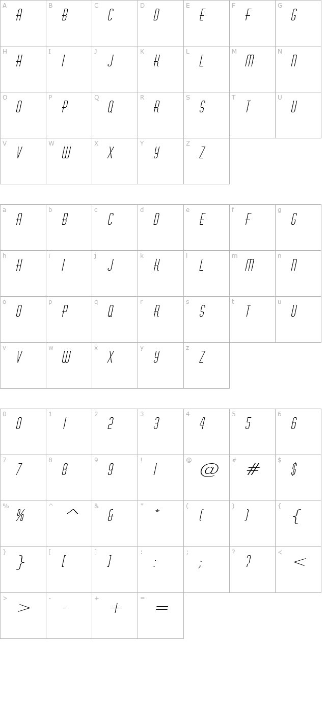 hustle-wide-italic character map