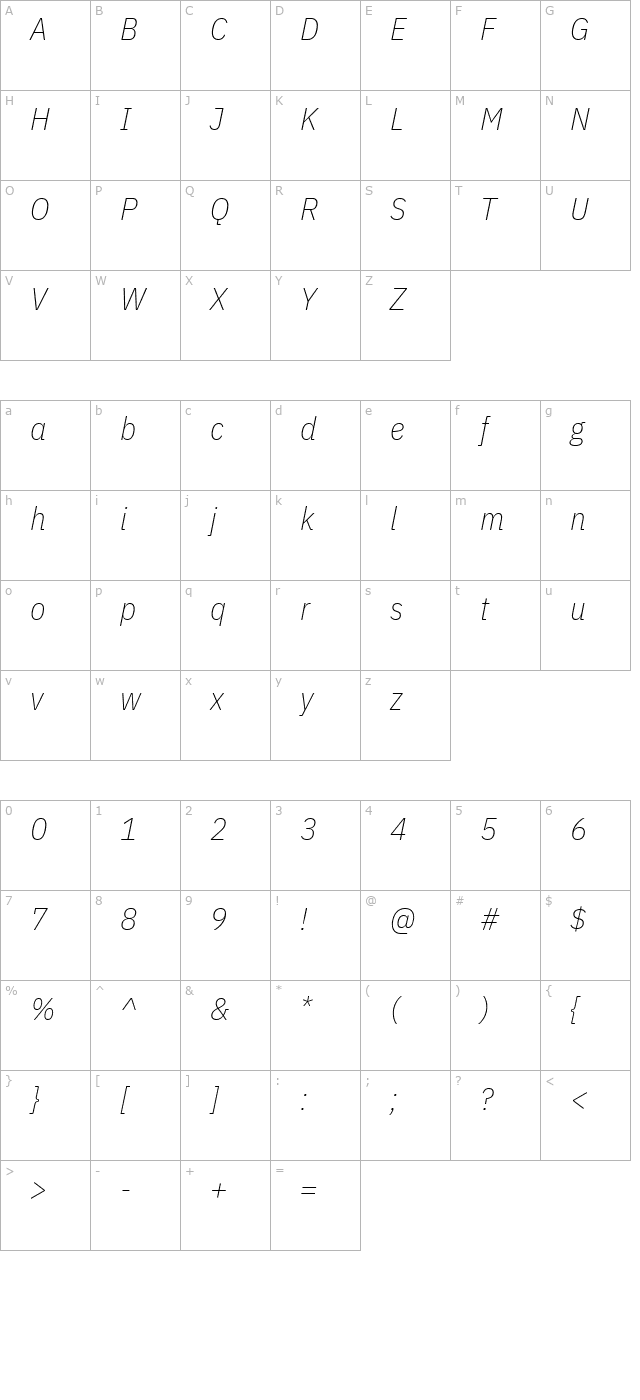 ibm-plex-sans-condensed-extralight-italic character map