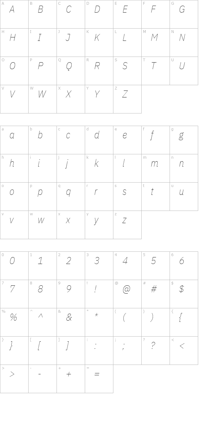 ibm-plex-sans-condensed-thin-italic character map
