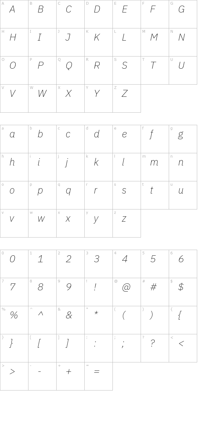 ibm-plex-sans-extralight-italic character map