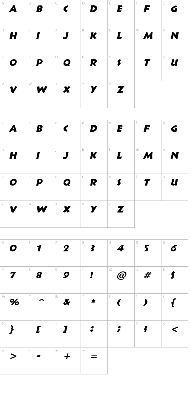 indy-italic character map