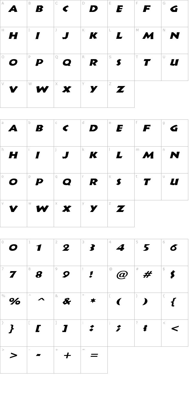 indy-wide-italic character map