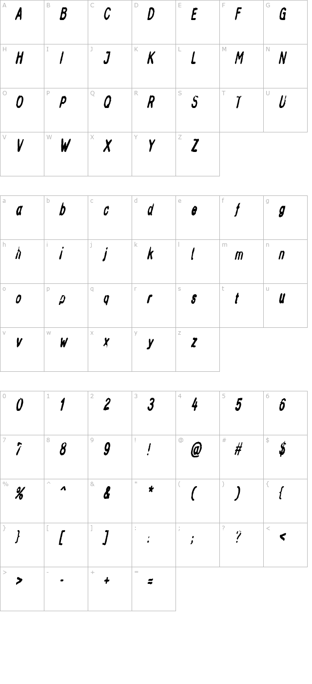 inkbleedcondensed-oblique character map