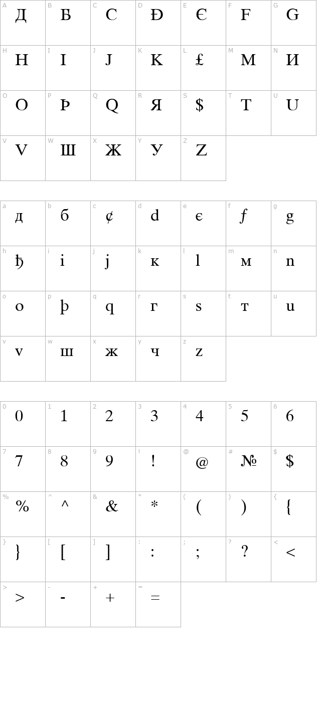 Intouris Tiqua character map