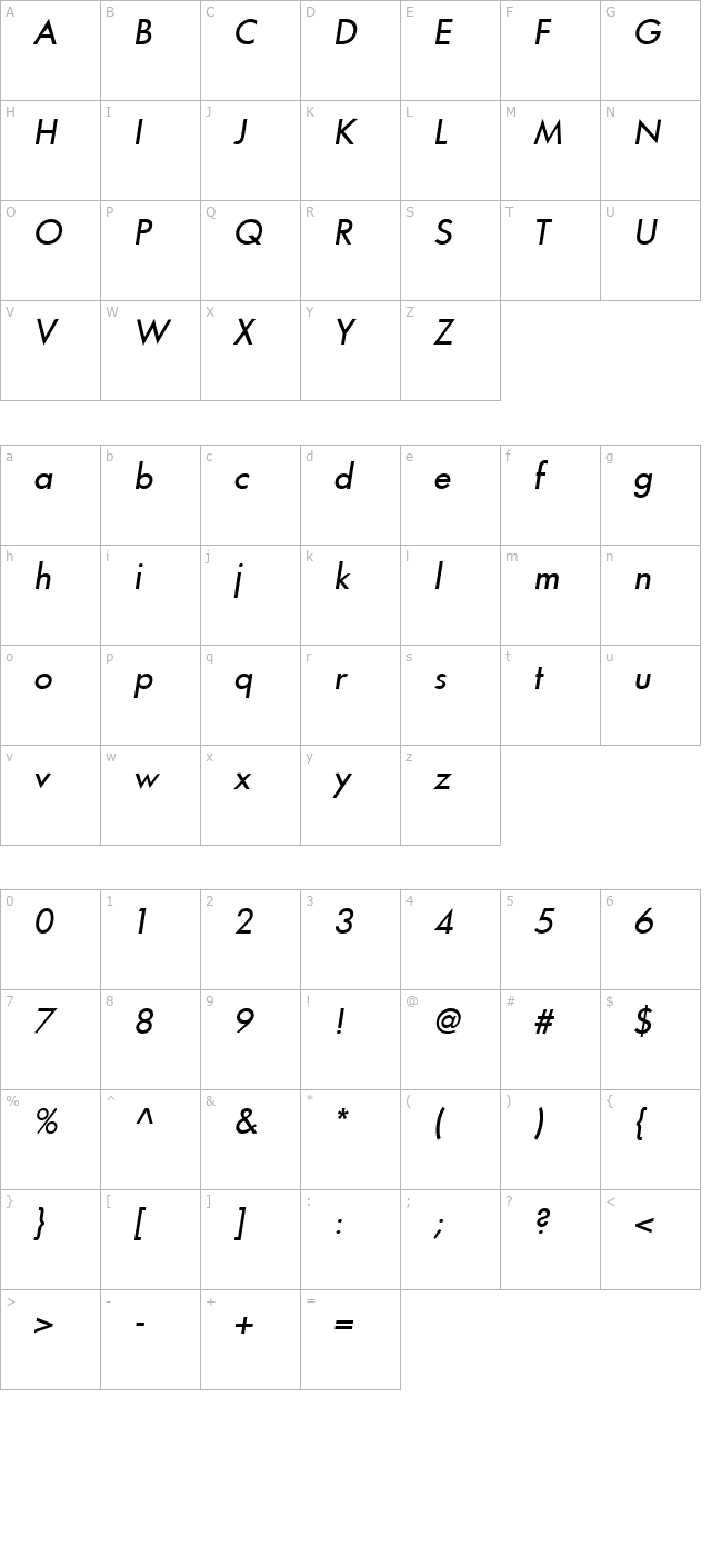 Intrepid Italic character map