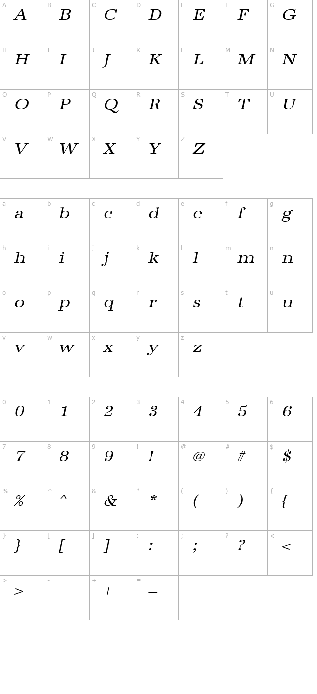IrisBeckerExtended Italic character map