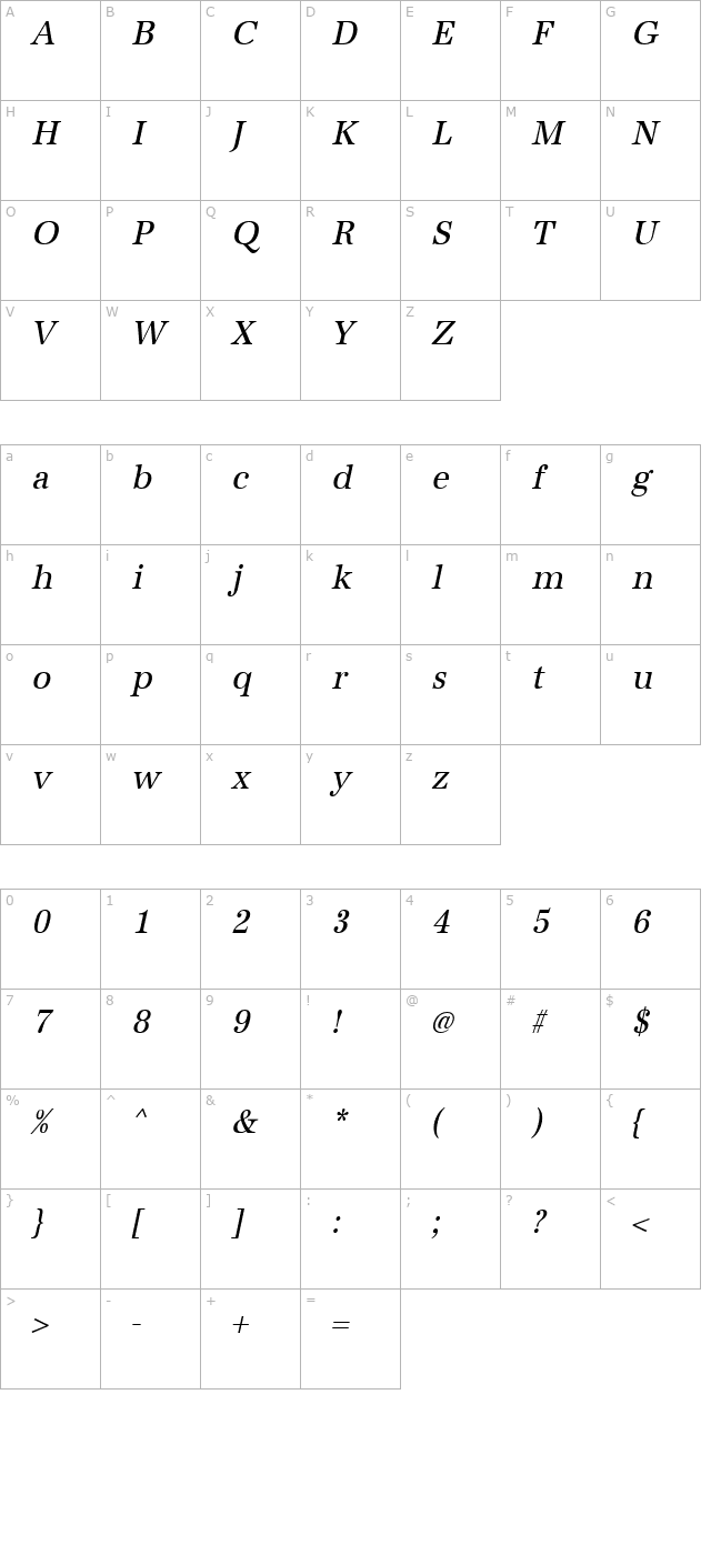 IrisBeckerNarrow Italic character map