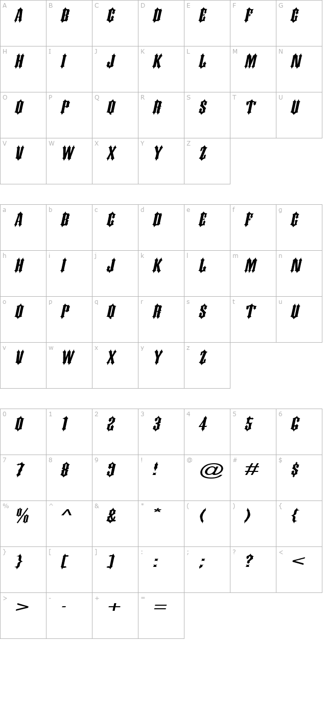 Ironwork Extended Italic character map