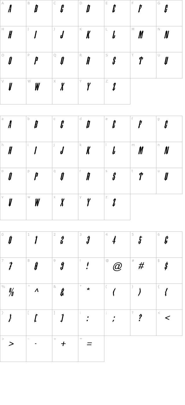 Ironwork Italic character map