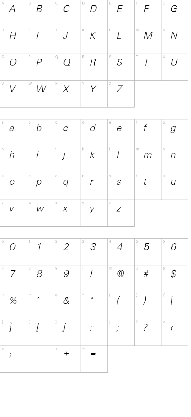 irvinbecker-extralight-italic character map