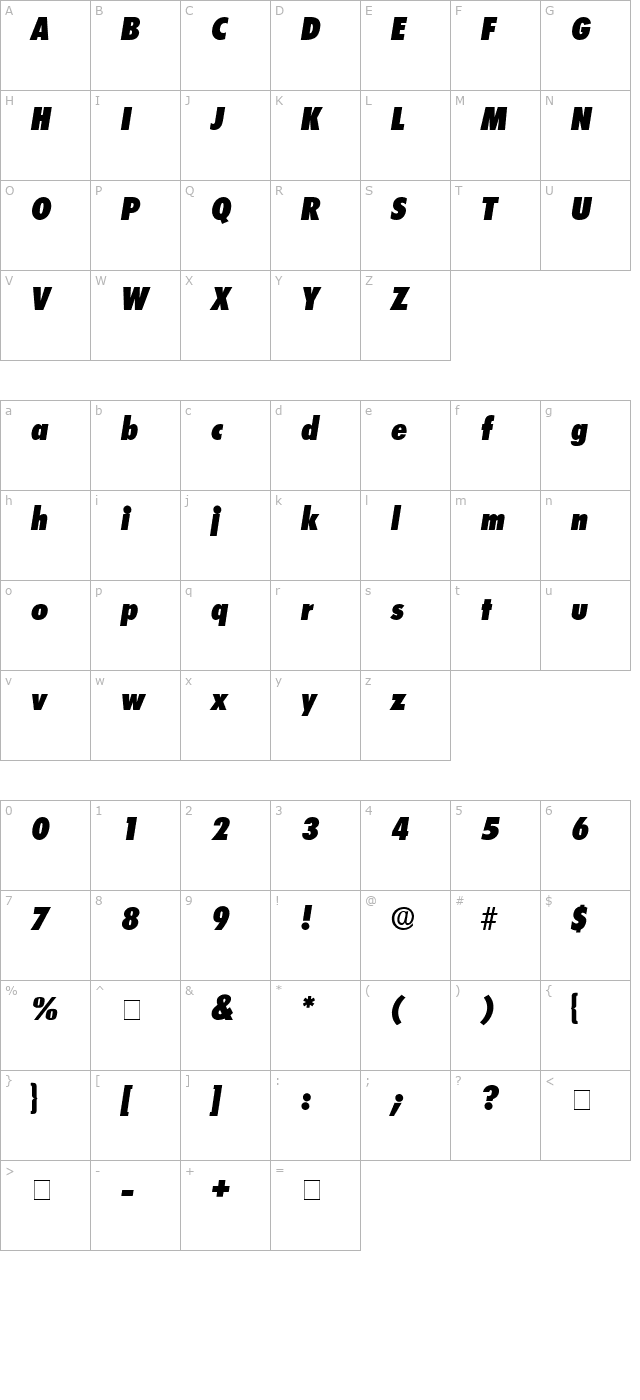 Isomar Display SSi Italic character map